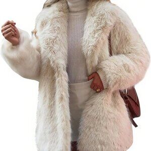 Womens Long Faux Fur Coats Fluffy Faux Fur Jacket Long Sleeve Lapel Furry Coats